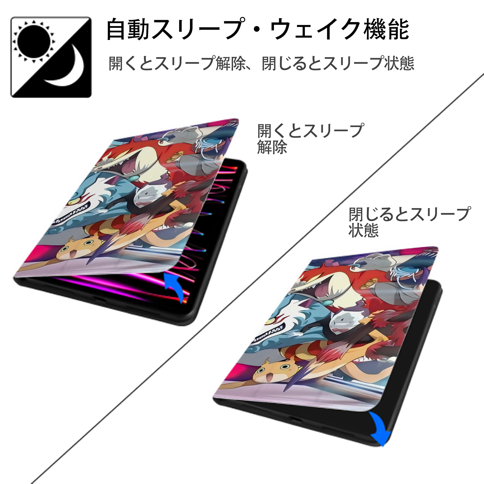 妖怪ウォッチ Yo-kai Watch IPad ケース ブック型 PUレザー TPU 耐衝撃 軽量 薄型 ペン収納なし 全面保護 IPad 各モデル対応