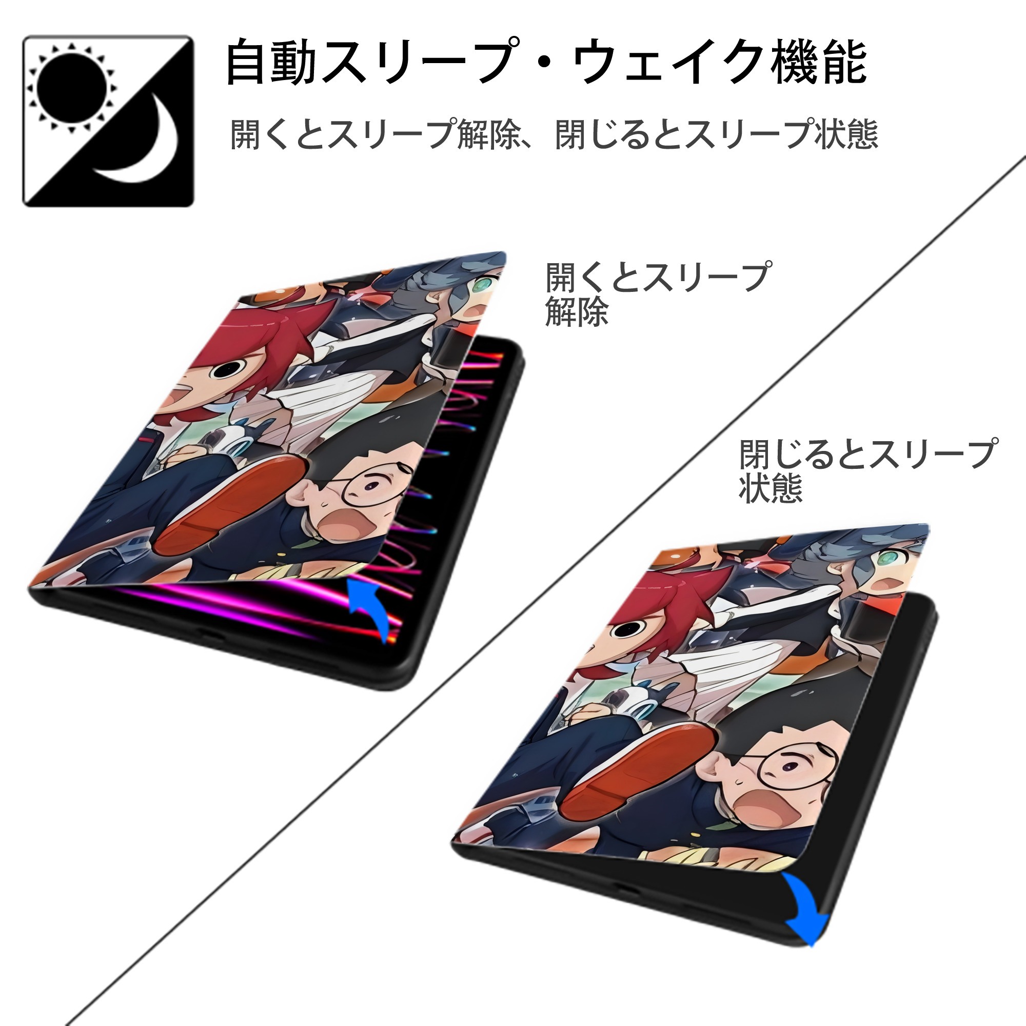 妖怪ウォッチ Yo-kai Watch IPad ケース ブック型 PUレザー TPU 耐衝撃 軽量 薄型 ペン収納なし 全面保護 IPad 各モデル対応